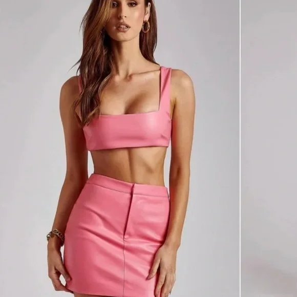 Mini Skirt Pink Leather Crop Top KYLETHOMASW Party Bodycon Skirt